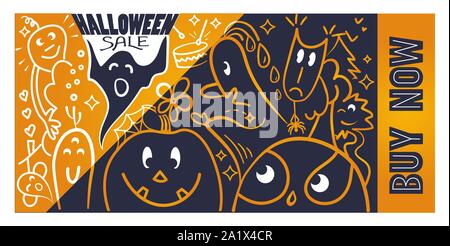 Vendita di halloween con divertenti cartoon fantasmi e mostri in stile lineare Illustrazione Vettoriale