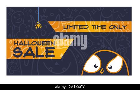 Vendita di halloween con divertenti cartoon fantasmi e mostri in stile lineare Illustrazione Vettoriale
