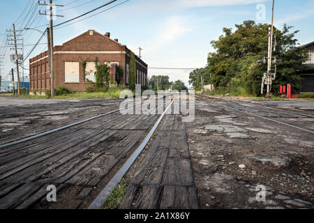 Paesaggio di vintage i binari della ferrovia in Detroit Downtown Foto Stock