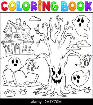 Libro da colorare spooky tree tematiche 2 - eps10 illustrazione vettoriale. Illustrazione Vettoriale