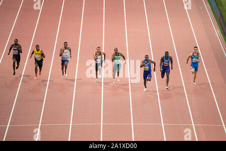 Doha, Katar. 28 Sep, 2019. Da sinistra a destra Aaronne marrone (CAN/ottavo posto), Yohan Blake (JAM/quinto posto), Zharnel Hughes (GBR/6° posto), Andre De Grasse (CAN/3° posto), Akani Simbine (RSA/4 . Luogo), vincitore Christian Coleman (USA/1° posto), Justin Gatlin (USA/2° posto), Filippo goaltu (ITA/7° posto), azione. Eseguire, Razza, 100m uomini finale, su 28.09.2019 mondiali di atletica 2019 a Doha/Qatar, dal 27.09. - 10.10.2019. | Utilizzo di credito in tutto il mondo: dpa/Alamy Live News Foto Stock