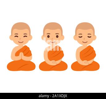 Cartoon carino Thai boys come i monaci buddisti seduti in meditazione. Bambino principiante apprendista nel sud-est asiatico il buddismo Theravada. Illustrazione Vettoriale set. Illustrazione Vettoriale