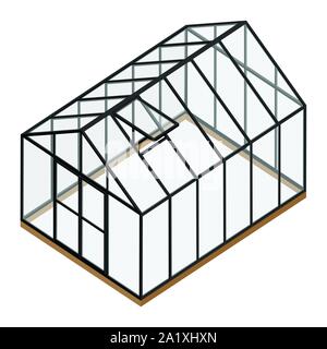 Serra vuota con lo sportello chiuso e aperto la finestra vista isometrica isolati su sfondo bianco. Casa di vetro. Illustrazione Vettoriale