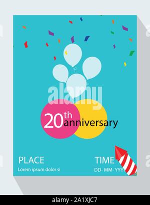 Xx anni anniversario invito design, con confezione regalo e palloncini, nastro colorato modello di vettore di elementi per la celebrazione di compleanno festa Illustrazione Vettoriale