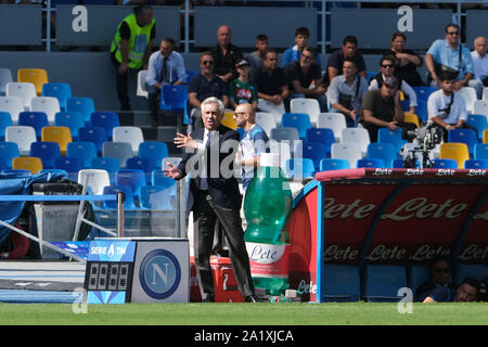NAPOLI,Italia 29 settembre 2019 Carlo Ancelotti allenatore del Napoli gesti durante il Campionato Italiano League match tra SSC Napoli Vs Brescia allo Stadio San Paolo di Napoli il 29 settembre 2019 (foto di Marco Iorio) Foto Stock