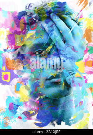 Paintography. La doppia esposizione fotografia portrait sciogliendo in disegnati a mano con verniciatura spazzolata texture su sfondo bianco Foto Stock