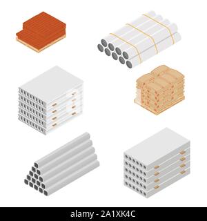 Edilizia e materiali da costruzione vector icon set vista isometrica isolati su sfondo bianco. Illustrazione Vettoriale