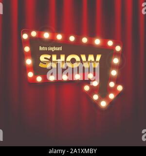 Freccia banner. Insegna retrò con luci scintillanti. Banner pubblicitario sulla tendina. Illustrazione Vettoriale Illustrazione Vettoriale