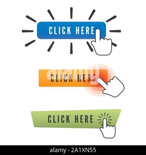 Cursore mano sopra il pulsante con testo Fare clic qui. Set di pulsanti diversi. Web icone elemento. Illustrazione di vettore isolato su sfondo bianco Illustrazione Vettoriale