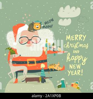 Babbo Natale con simpatici cani e gatti Illustrazione Vettoriale