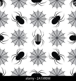 Vettore senza giunture astratto modello monocromatico con il ragno nero e rotondo spiderweb silhouette su sfondo bianco. Illustrazione Vettoriale