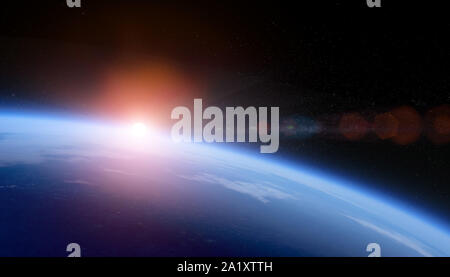 Sunrise nello spazio terra vista dall orbita con stelle campo. Elementi per 3D Render questa immagine fornita dalla NASA Foto Stock