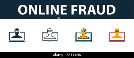 Le frodi online icon set. Simbolo di Premium in stili diversi dalla produttività raccolta di icone. Creative online icona frode riempito, bordato e colorato Illustrazione Vettoriale