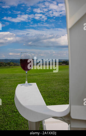 Un bicchiere di vino rosso fotografati a sul bracciolo di un bianco di plastica sedia Adirondack vicino lago Cayuga nella regione dei Laghi Finger dello Stato di New York Foto Stock