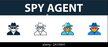 Spy Agent imposta icona. Simbolo di Premium in stili diversi dalla sicurezza raccolta di icone. Creative spy icona agent riempito, contorno, colorata e piatto Illustrazione Vettoriale