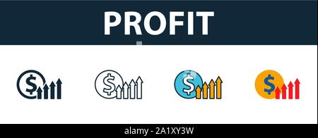 Il profitto icon set. Simbolo di Premium in diversi stili di avvio dalla raccolta di icone. Creative icona profitto riempito, del contorno colorato e simboli di Piana Illustrazione Vettoriale