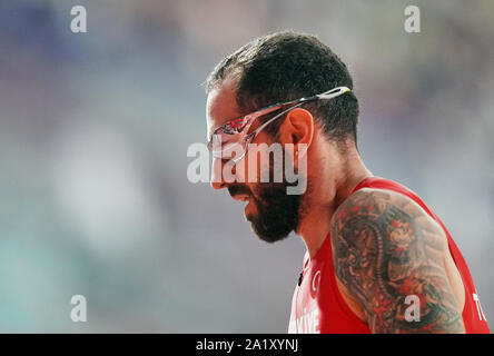 Doha in Qatar. 29Sep, 2019. Ramil Guliyev della Turchia a competere in 200 metri per gli uomini durante il XVII IAAF mondiale di atletica Al Khalifa Stadium di Doha, in Qatar. Ulrik Pedersen/CSM/Alamy Live News Foto Stock