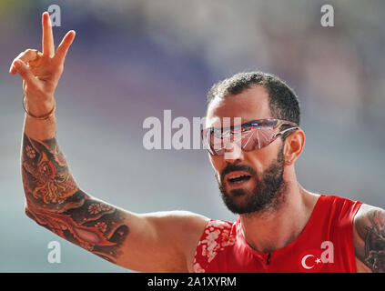 Doha in Qatar. 29Sep, 2019. Ramil Guliyev della Turchia a competere in 200 metri per gli uomini durante il XVII IAAF mondiale di atletica Al Khalifa Stadium di Doha, in Qatar. Ulrik Pedersen/CSM/Alamy Live News Foto Stock