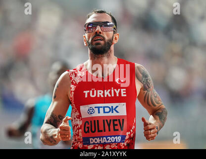 Doha in Qatar. 29Sep, 2019. Ramil Guliyev della Turchia a competere in 200 metri per gli uomini durante il XVII IAAF mondiale di atletica Al Khalifa Stadium di Doha, in Qatar. Ulrik Pedersen/CSM/Alamy Live News Foto Stock