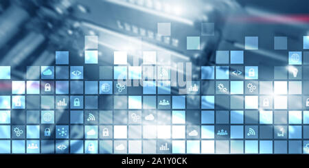 Abstract digitali pixel di sfondo icone sfocate moderna sala server. La tecnologia di telecomunicazione internet Iot di cosa concetto. Foto Stock