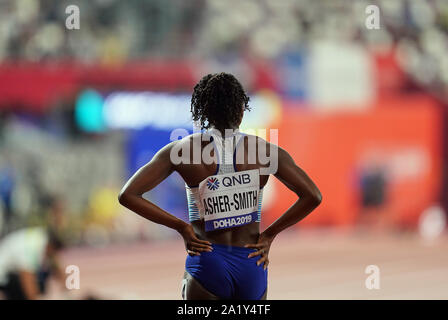 Doha in Qatar. 29Sep, 2019. Dina Asher-Smith del Regno Unito a competere in 100 metri per le donne durante il XVII IAAF mondiale di atletica Al Khalifa Stadium di Doha, in Qatar. Ulrik Pedersen/CSM/Alamy Live News Foto Stock