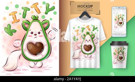 Kitty poster di avocado e merchandising Illustrazione Vettoriale