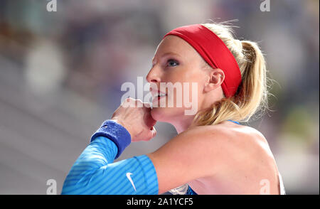 Stati Uniti d'America's Sandi Morris durante la donna della Pole Vault finale del giorno tre della IAAF Campionati del Mondo Al Khalifa International Stadium, Doha, Qatar. Foto Stock