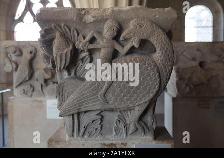 Battaglia tra un pigmeo e una gru illustrata nel capitello romanico datato dal XII secolo dalla Cattedrale di Autun (Cathédrale Saint-Lazare d'Autun), ora sul display nella biblioteca del Capitolo della Cattedrale di Autun in Autun, Borgogna, Francia. La capitale è stata probabilmente scolpite dal francese scultore romanico Gislebertus. Foto Stock