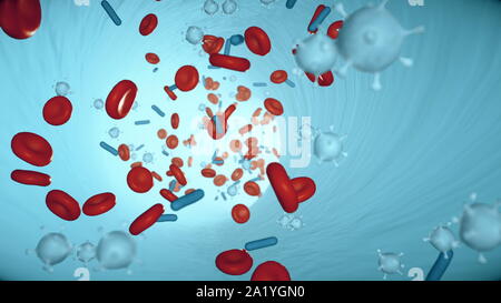 Le cellule rosse del sangue e di virus nel flusso di sangue in una arteria seamless loop Foto Stock