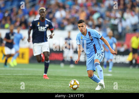 Gillette Stadium. 29Sep, 2019. MA, USA; New York City in avanti Gesù Medina (19) in azione durante una sequenza di lunghezza massima MLS match tra New York City FC e il New England Revolution a Gillette Stadium. Anthony Nesmith/CSM/Alamy Live News Foto Stock