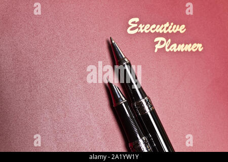 Rosso pianificatore di executive con due penne in orientamento lansdcape Foto Stock