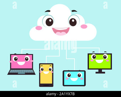 Illustrazione di un computer portatile, telefono cellulare, tablet e mascotte televisivo collegato ad una nube mascotte. Il Cloud Computing Foto Stock