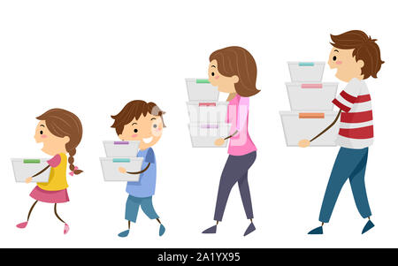 Illustrazione della famiglia Stickman con le pile di stoccaggio per organizzazione Foto Stock