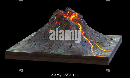 Vulcano erutta lava, sezione trasversale modello isolato su sfondo nero Foto Stock