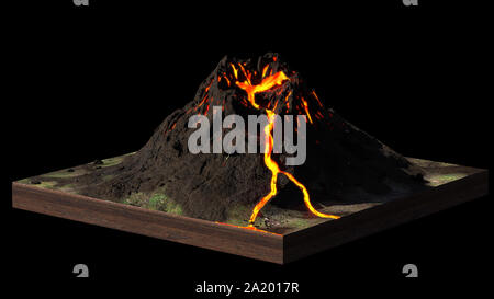 Vulcano erutta lava, modello di una sezione di terreno isolato su sfondo nero Foto Stock