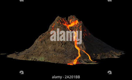 Eruzione del vulcano, lava scendendo una montagna, isolato su sfondo nero Foto Stock