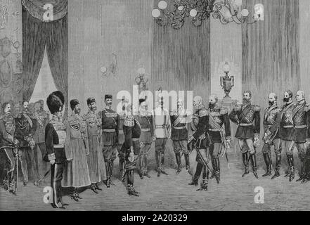 Alemania. Berlín. Palacio Imperial. La Diputación militar rusa felicitando al emperador Guillermo I de Alemania (1797-1888) en el aniversario de los 70 años de la Batalla de Bar-Sur-Aube (27 de febrero de 1814), con Victoria de la coalición ruso bávara contra Napoleón I duranti las campañas de 1814. El acto se celebró el 27 de febrero de 1884. Acompañaban al emperador alemán, todos los príncipes de la familia imperial y el mariscal Helmuth von Moltke (1800-1891). Presidía la Delegación rusa, el Gran Duque de Rusia, Miguel Románov (1878-1918), hermano del último zar Nicola II, así como los gen. Foto Stock