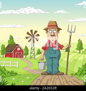 Il contadino sulla sua azienda. Disegnata a mano illustrazione vettoriale con strati separati. Illustrazione Vettoriale