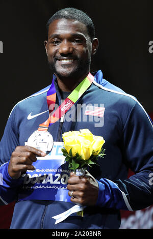 Doha in Qatar. 29Sep, 2019. Justin Gatlin degli Stati Uniti pone per le foto durante la cerimonia di premiazione degli uomini 100m Finale al 2019 IAAF mondiale di atletica a Doha, in Qatar, Sett. 29, 2019. Credito: Li Ming/Xinhua/Alamy Live News Foto Stock