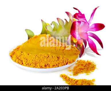 La curcuma in polvere con fiore isolato su sfondo bianco Foto Stock