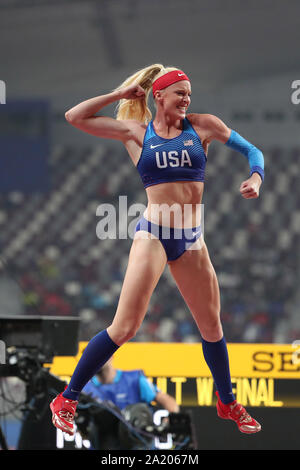 Doha in Qatar. 29Sep, 2019. Sandi Morris degli Stati Uniti reagisce durante le donne del pole vault finale al 2019 IAAF Campionati del Mondo a Doha, in Qatar, Sett. 29, 2019. Credito: Li Ming/Xinhua/Alamy Live News Foto Stock