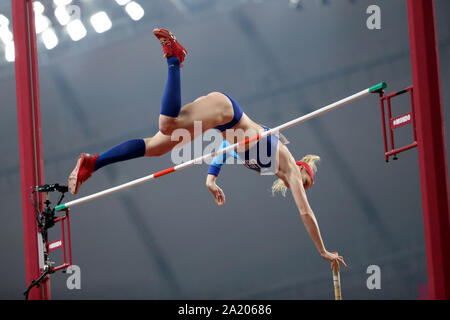 Doha in Qatar. 29Sep, 2019. Sandi Morris degli Stati Uniti compete durante la donna della pole vault finale al 2019 IAAF Campionati del Mondo a Doha, in Qatar, Sett. 29, 2019. Credito: Li Ming/Xinhua/Alamy Live News Foto Stock