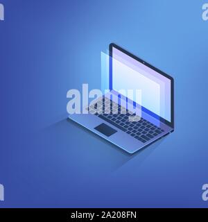 Labtop isometrica, 3d per computer notebook con la copia in bianco spazio sullo schermo. Illustrazione Vettoriale concetto tecnologico. Illustrazione Vettoriale