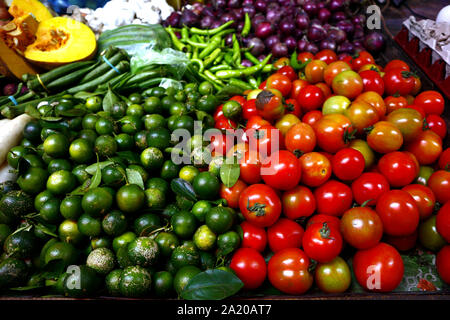 Foto di pomodoro fresco, calamansi e cipolla sul display a supporto vegetale Foto Stock