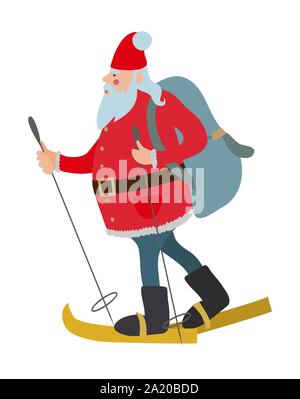 Buon Natale e Felice Anno Nuovo. Isolato da Babbo Natale con i doni in un grande zaino da sci su di uno sfondo bianco. Vettore illustrazione carino per Illustrazione Vettoriale