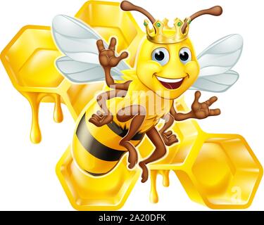 Regina Bumble Bee in corona Cartoon a nido d'ape Illustrazione Vettoriale