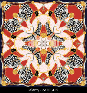 Stampa alla moda con golden catene, cinghie e zebra. Modello senza cuciture con elementi vintage. Le donne della moda, sciarpa moderna collezione di stampe tessili. Foto Stock