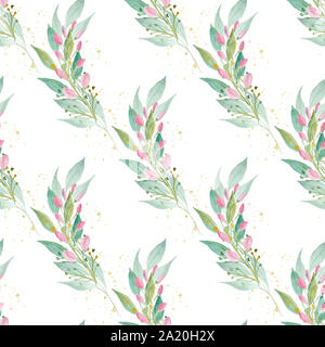 Blooming boccioli di magnolia su ramoscello seamless acquerello pattern raster Foto Stock