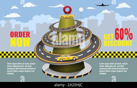 Concetto di taxi ed infografico o mobile app con il trasporto su strada e nei taxi con autista. Paesaggio sullo sfondo. Illustrazione Vettoriale. Illustrazione Vettoriale