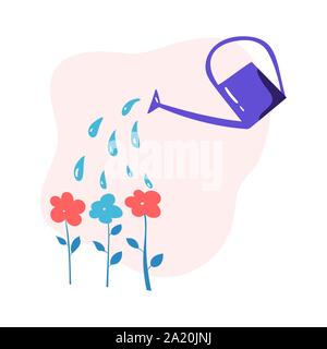 Il vettore può irrigazione acqua fiori nel giardino. Illustrazione concetto circa il fiore per la custodia dei bambini prenota, web design Illustrazione Vettoriale